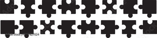 Four jigsaw puzzle pieces connect the vector silhouette set of cutlery, illustrating a teamwork concept solution