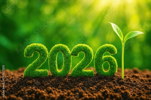Green Grass Numbers Representing Year 2026 with Seedling on Soil Background in Sunlight