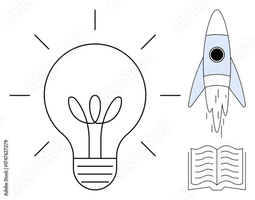 Light bulb symbolizing creativity, rocket launching for progress, and open book for knowledge. Ideal for education, innovation, startup, learning, creativity progress exploration. Simple flat