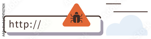 Malware alert triangle with bug icon above http link, conveying cybersecurity risk. Ideal for cybersecurity, malware prevention, online safety, phishing, data breach, hacking awareness, digital