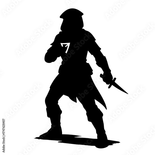 Silhouette of a warrior standing with a dagger in a defensive pose  