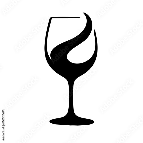 Wine glass swirl. Black silhouette of wine glass with flowing liquid inside  