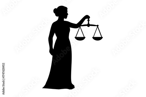 Silhouette of woman holding scales of justice in a traditional gown  
