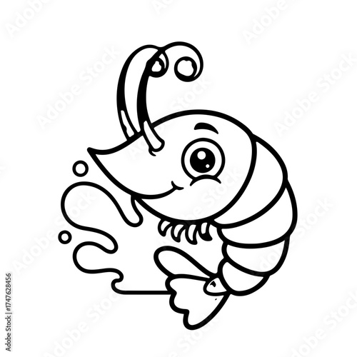 Smiling Shrimp Icon with Water Splash A Playful Outline for Seafood and Marine Themes