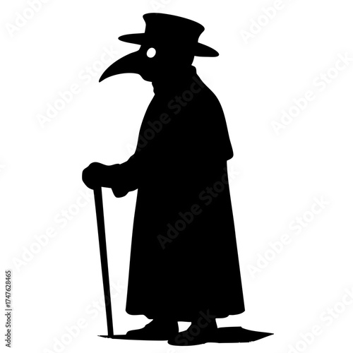 Plague doctor silhouette standing and holding a cane on white background  