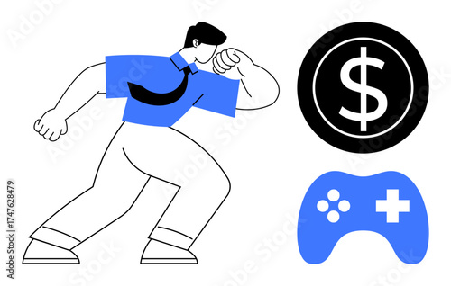 Man in dynamic pose, black dollar coin, blue game controller. Ideal for gaming economy, e-sports growth, online business, gamification, financial empowerment, digital trends simple flat metaphor