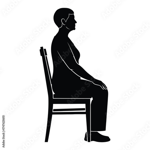 Vector art of silhouette of a mature woman sitting on a chair, showcasing posture and comfort in a simple, elegant design