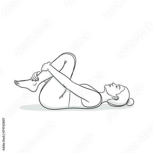 woman lying on her back performing the knees to chest yoga pose, this asana stretches the lower back and hips