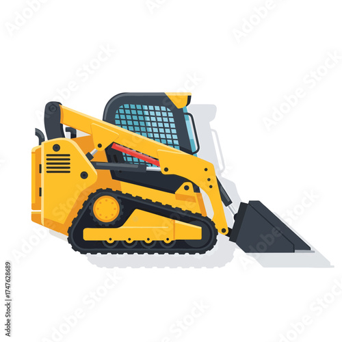 Yellow compact track steer loader with a front bucket for earthmoving construction work