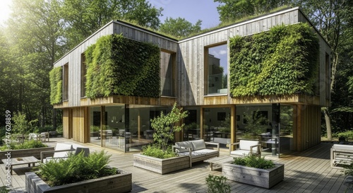 Wallpaper Mural Modern Eco-Friendly House with Vertical Gardens and Green Roof, Integrated in Lush Forest Environment with Sunny Wooden Deck and Outdoor Lounge Area Torontodigital.ca