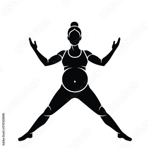 Vector art of silhouette of a pregnant woman in a wide stance yoga pose, symbolizing strength, balance, and prenatal fitness