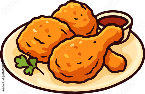 Crispy Fried Chicken Plate Vector – Drumsticks and Thigh with Dipping Sauce, Flat Cartoon Illustration