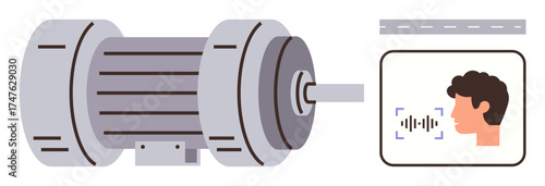 Electric motor alongside voice recognition interface featuring human face and sound waves. Ideal for automation, technology, engineering, innovation, IoT, smart devices, seamless integration. Simple