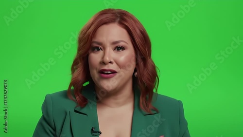 Red-haired woman talking and gesturing on green screen