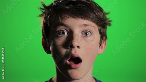Surprised boy reacting on green screen background