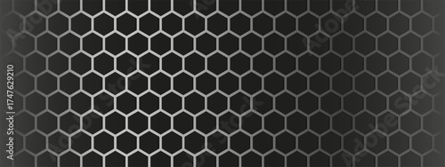 Black metal honeycomb backdrop with hexagonal comb pattern. Carbon fiber texture featuring grid, mesh, grill elements in grey tones. Vector tech structure with 3d depth effect.