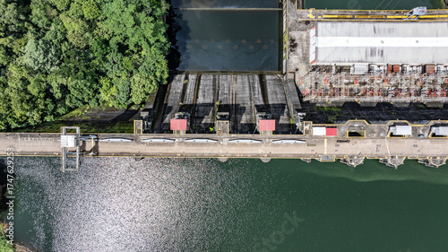 aerial top view of area around Bayano Dam and River 