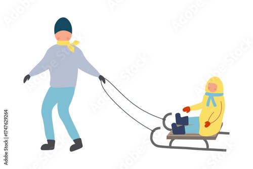 Vector illustration of winter walks, man pushing  sled with  child. Family walk and games outside in winter. People are dressed in warm outdoor clothes. Flat design. Isolated on  white background.