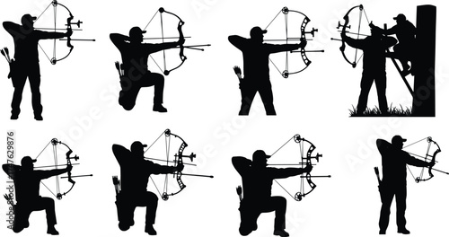 Modern Archers Silhouette Vector Set – Compound Bow Poses Featuring Standing, Kneeling, and Elevated Stances for Sports, Training, and Tactical Design Concepts