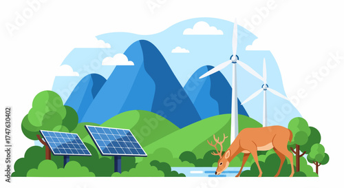 Illustration of renewable energy sources with solar panels, wind turbines, deer, mountains, and trees.