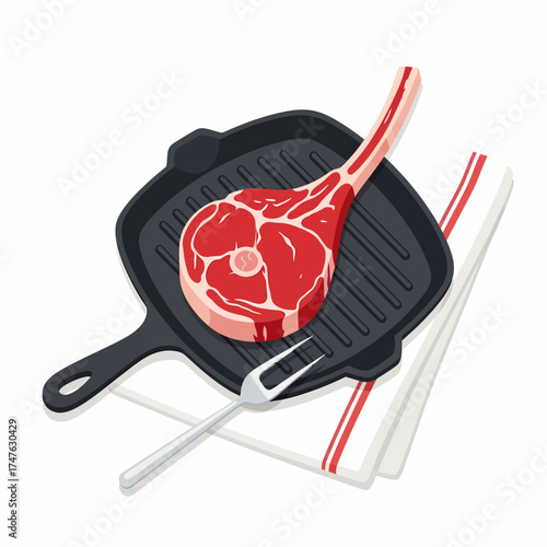 Raw Tomahawk steak in a black cast iron grill pan with a fork and striped kitchen towel.