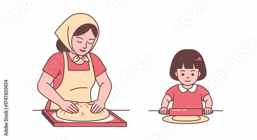 A mother and daughter are baking together, the mother kneading dough while the daughter rolls it out.