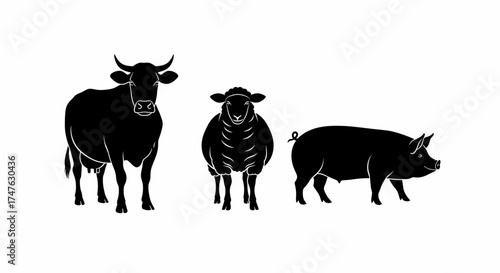 Black and white illustration of a cow, sheep, and pig standing next to each other.