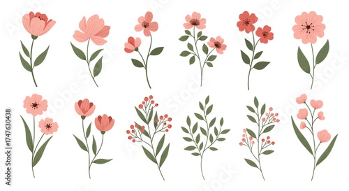 Wallpaper Mural A collection of delicate botanical illustrations featuring various blooming flowers in soft pastel hues. Torontodigital.ca