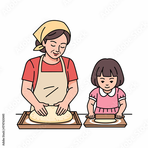 An illustration of a woman and a young girl preparing dough for baking bread together.