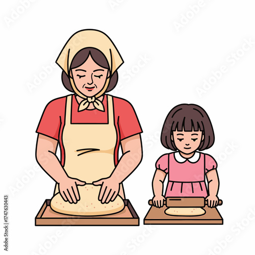 A mother and daughter are happily baking together, kneading and rolling dough.
