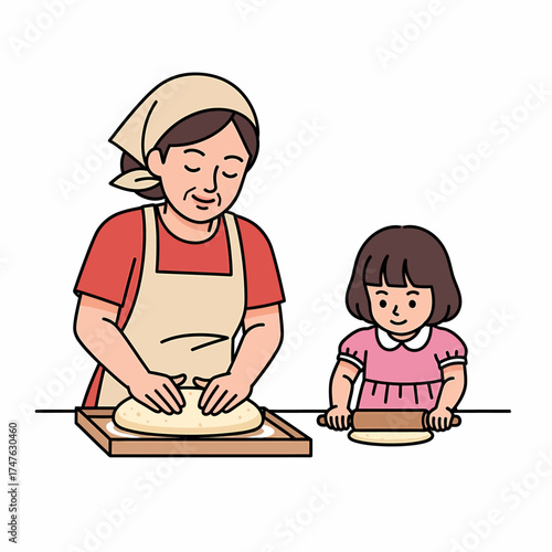 A heartwarming illustration of a grandmother and granddaughter bonding while baking bread together at a table.
