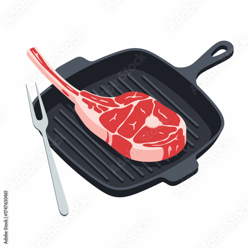 A raw Tomahawk steak with a bone is placed on a black cast iron grill pan with a silver fork beside it.