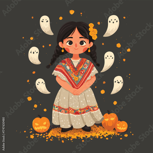 cute Mexican girl in folkloric dress and ghost poncho, surrounded by marigold petals and tiny jack-o-lanterns vector illustration
