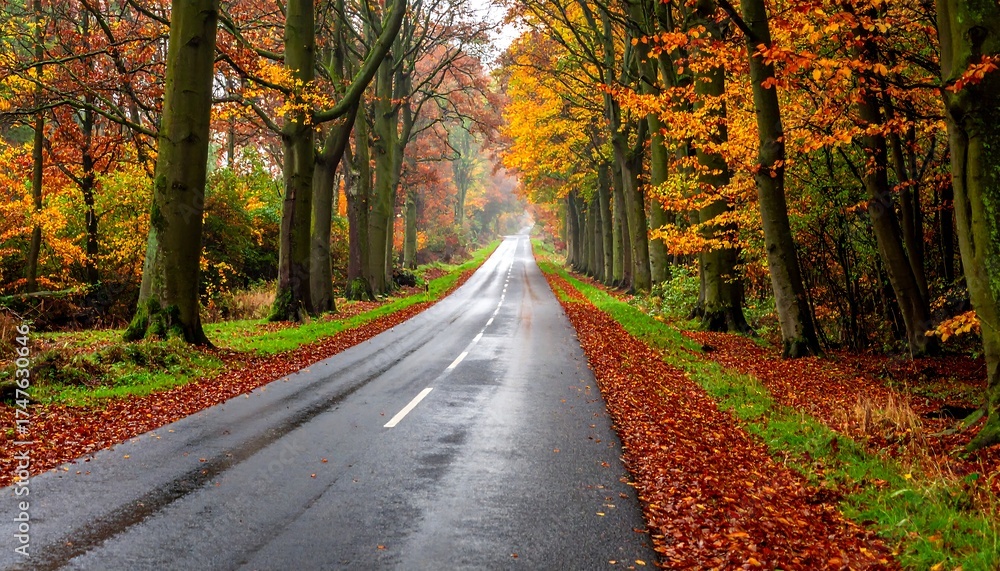 Naklejka premium Road lined with trees ablaze in autumn hues, wet asphalt reflects light