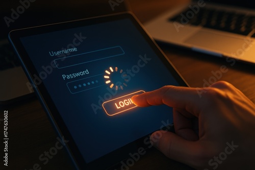 Digital Login Interface with Username and Password Input on Tablet Device in Dark Environment