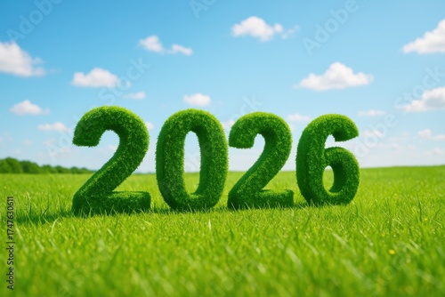 Green Grass Numbers Representing the Year 2026 Set Against a Bright Blue Sky and Field