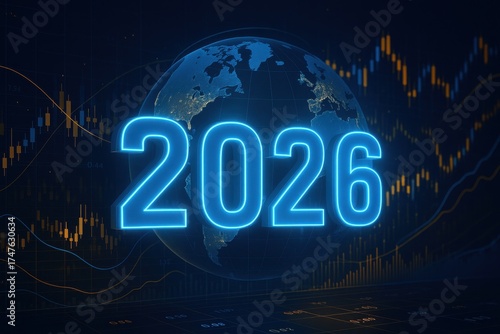 Futuristic Digital Representation of a Blue Earth Globe and Year 2026 in Financial Context