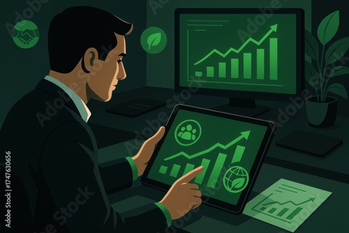 Business Professional Analyzing Growth Trends with Tablet and Graphs in Dark Office Setting