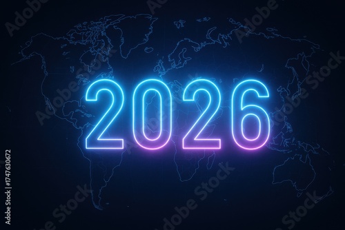 Glowing Neon 2026 Text on Dark World Map Background for Modern Digital Design