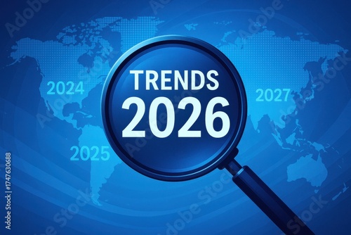 Future Trends Analysis for 2026 with Magnifying Glass on World Map Background