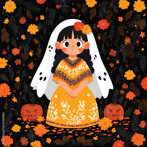 cute Mexican girl in folkloric dress and ghost poncho, surrounded by marigold petals and tiny jack-o-lanterns vector illustration