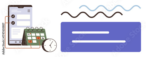 Mobile device with checklist, calendar, and clock alongside abstract waves and a text box. Ideal for productivity, planning, organization, scheduling, workflow time management digital tools. Simple