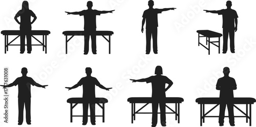 Silhouette collection of physiotherapists demonstrating arm and body exercises beside therapy tables for rehabilitation, posture correction, and medical training vector illustration design