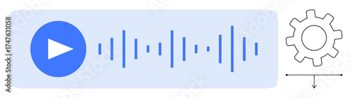 Play button, audio waveform, gear icon symbolizing settings, and an arrow. Ideal for media, audio editing, sound engineering, customization technology user interface and innovation. Flat simple