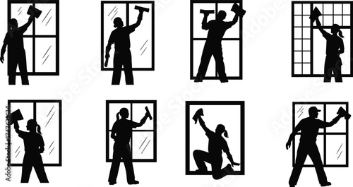 Window Cleaning Silhouette Vector Set – Workers in Action with Squeegees and Diverse Window Styles for Maintenance, Hygiene, and Public Service Design Concepts