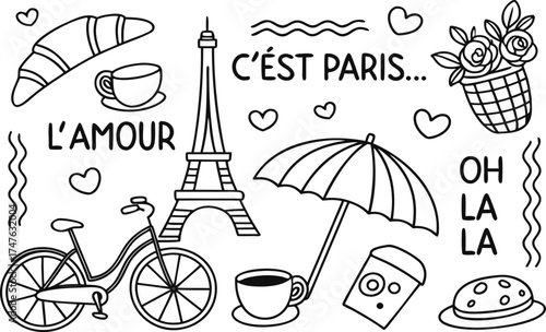 Vintage hand-drawn Paris collection vector set featuring iconic French symbols like the Eiffel Tower, coffee, and travel illustrations for a summer holiday design
