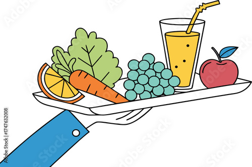 Fresh orange carrot juice in a glass with a straw, surrounded by healthy fruits and vector illustrations of sweet citrus beverages
