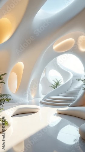 Futuristic interior design render with organic shapes and soft lighting
