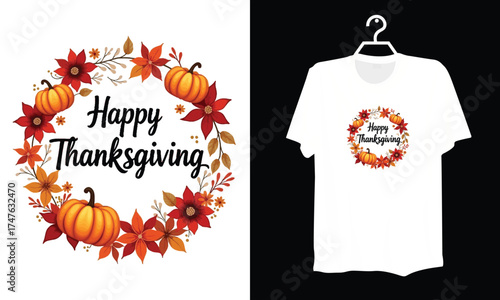 Festive Happy Thanksgiving Greeting with Pumpkin Wreath and Floral Design