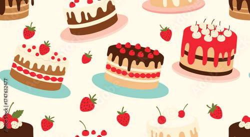 A delightful collection of sweet baked treats featuring cakes and fresh fruit decorations.